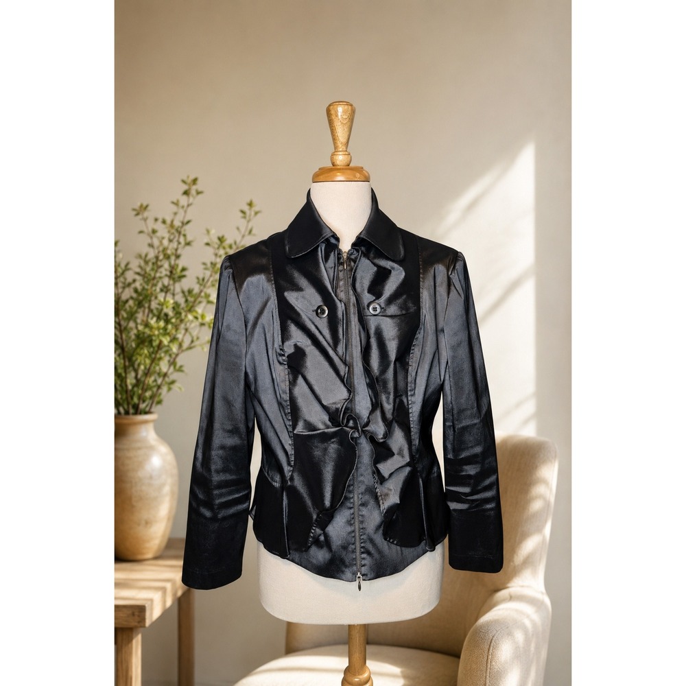 Joseph Ribkoff Metallic Charcoal Grey Ruffle Front Zip Jacket 18 Quiet Luxury